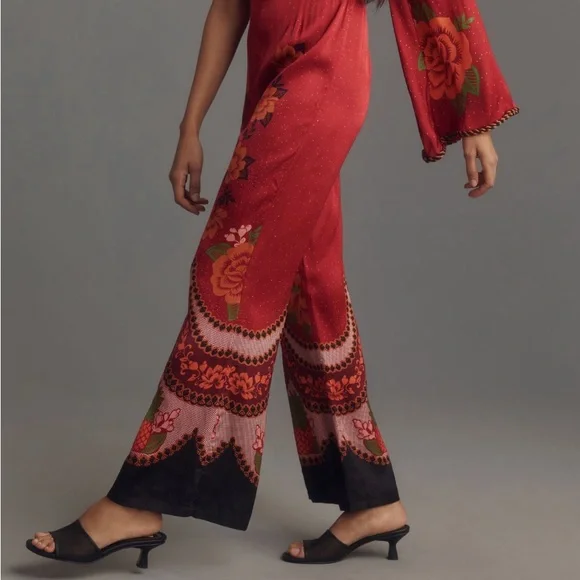 Anthropologie x Farm Rio One-Shoulder Printed Satin Rose Jumpsuit